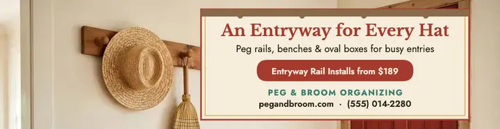 Peg and Broom entryway rail billboard template