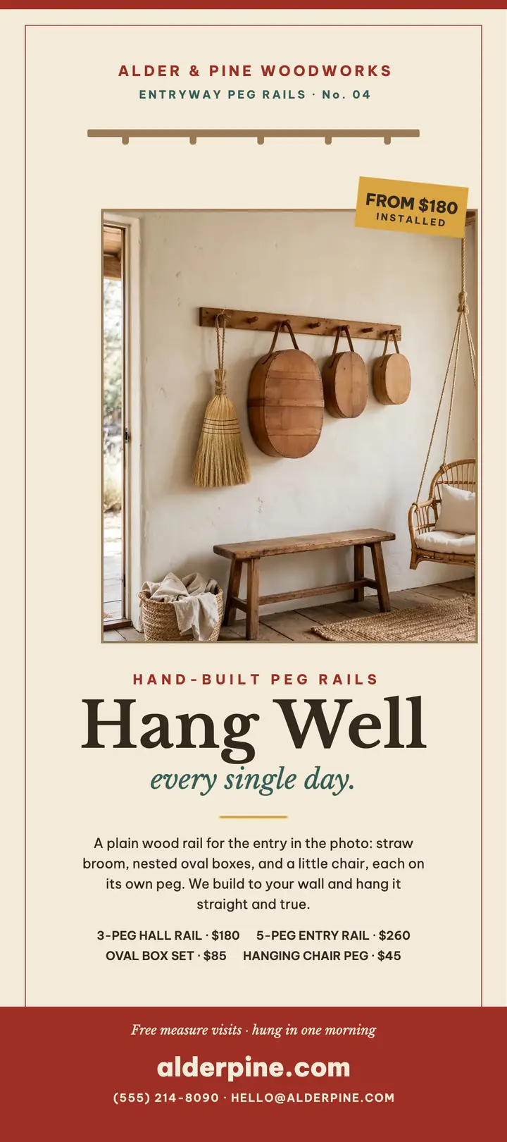 Peg rail install rack card, woodshop template