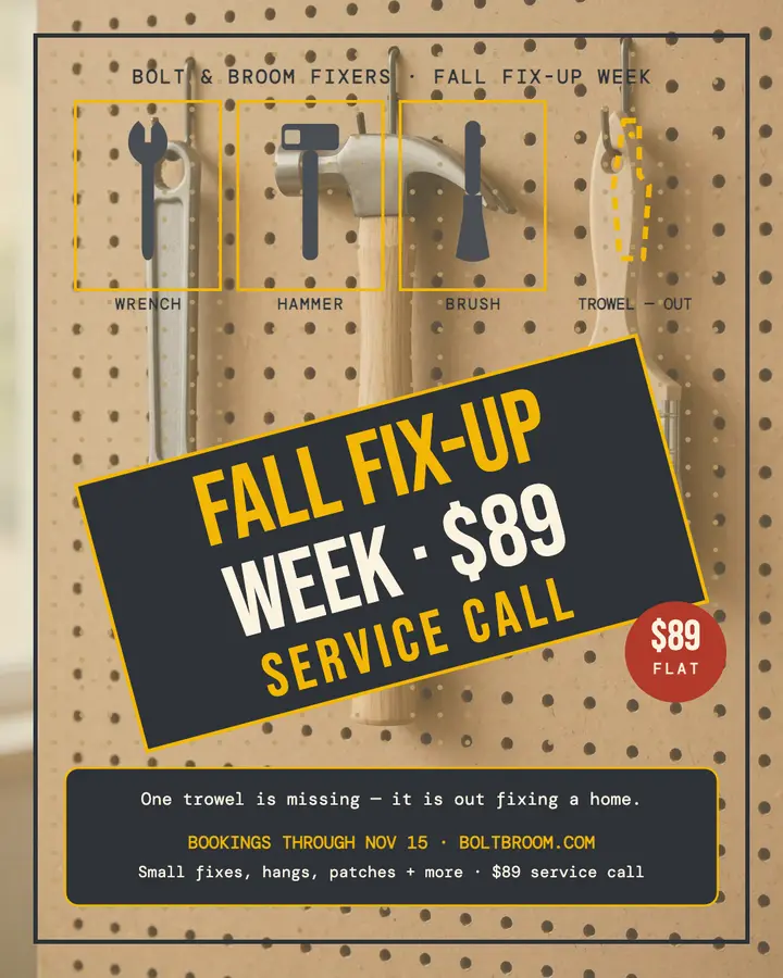 Bolt and Broom pegboard fix-up promo template