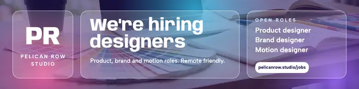 Pelican Row Studio open roles banner, glassmorphism: design studio hiring linkedin banner template