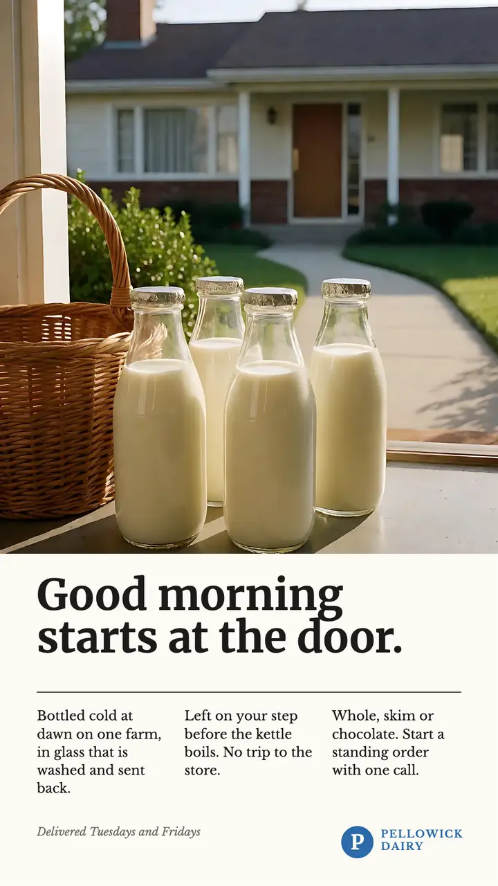 Milk delivery sixties print ad story, Pellowick Dairy template