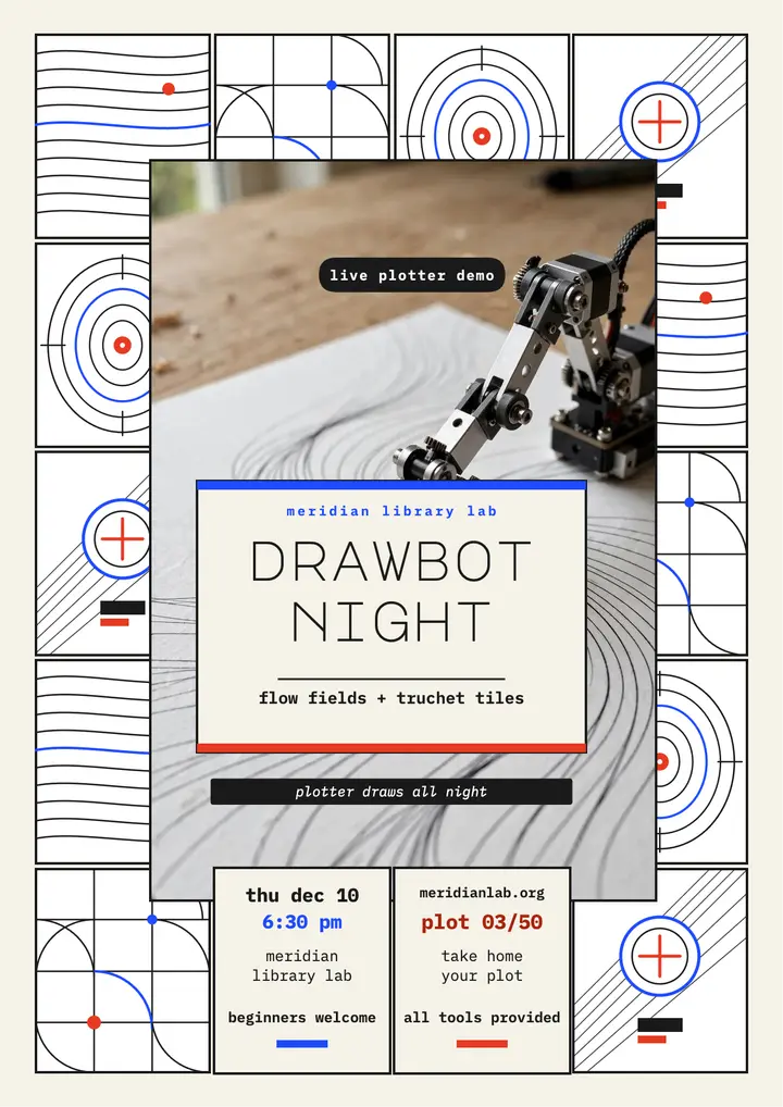 Drawbot Night pen-plotter workshop flyer: pen plotter workshop flyer template