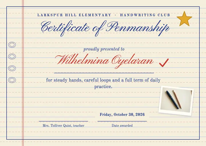 Larkspur Hill handwriting award certificate template