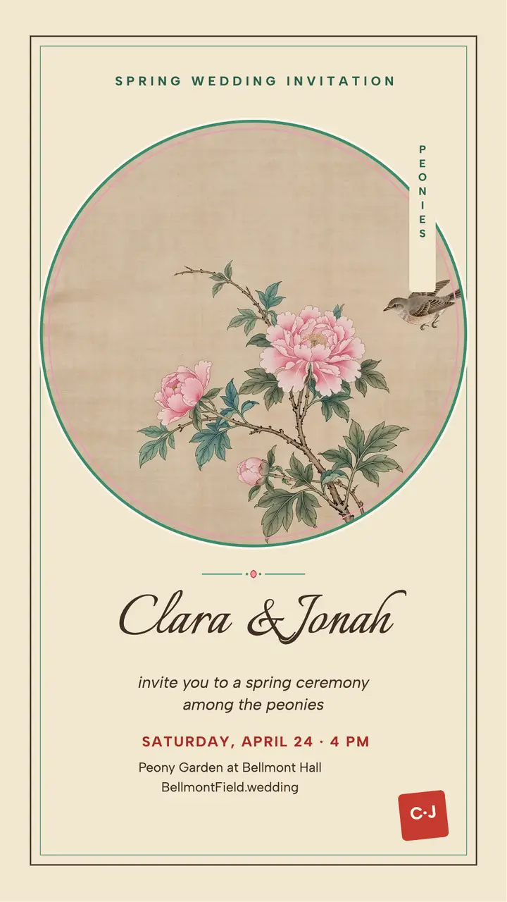 Peony bird spring wedding story invite: spring wedding invitation template