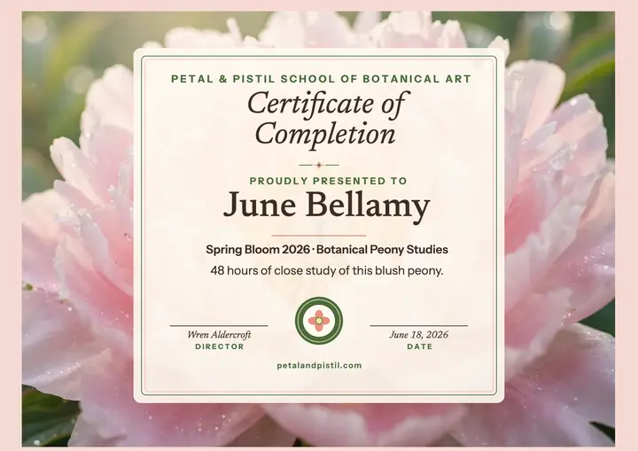 Peony botanical illustration certificate: botanical certificate template