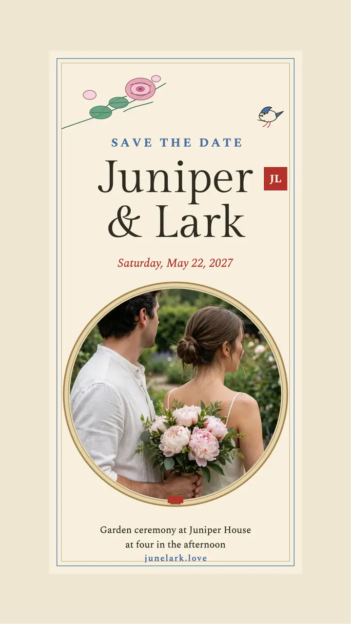Juniper and Lark peony fan save the date template