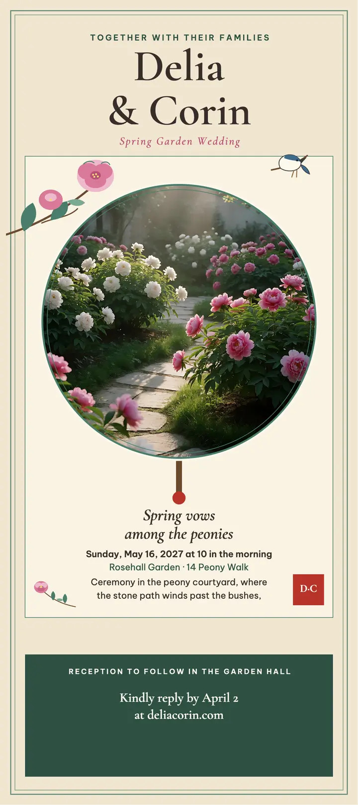 Delia and Corin peony garden invitation template