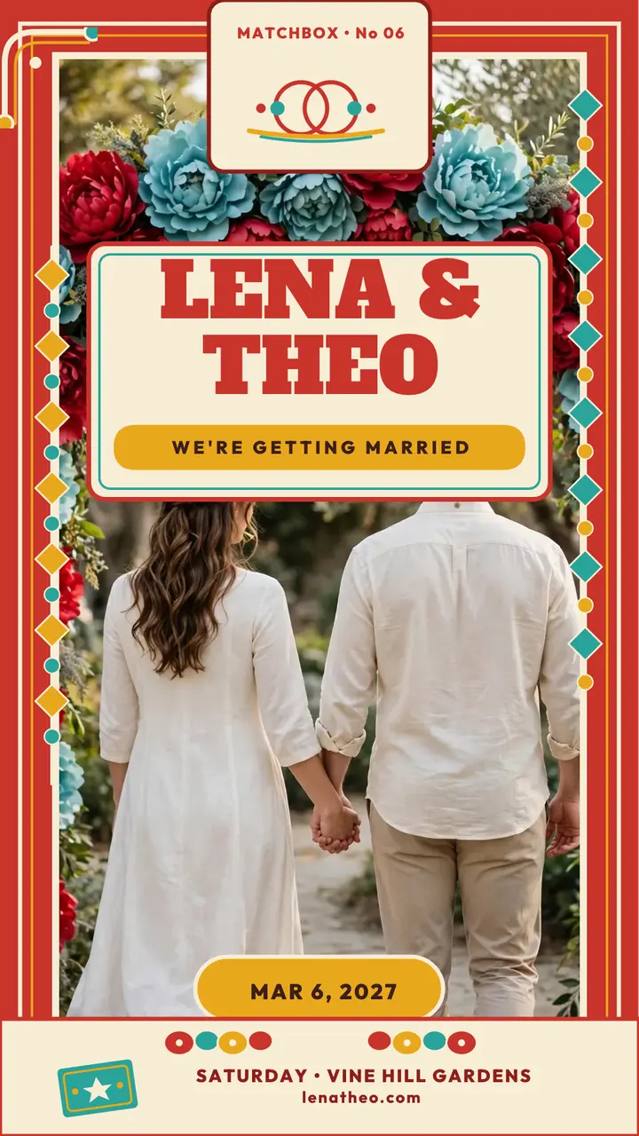 Lena and Theo peony matchbox invitation: wedding invitation story template