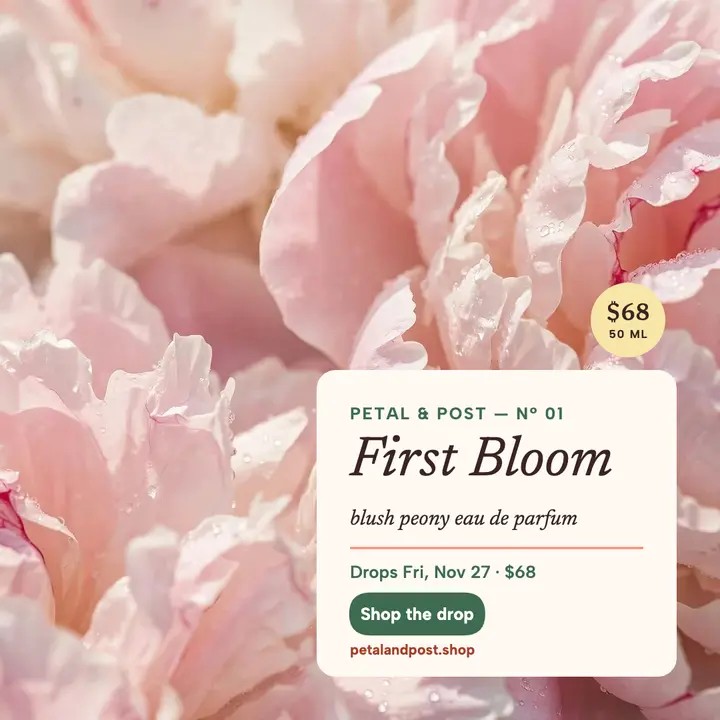 First Bloom peony perfume drop post: perfume drop post template