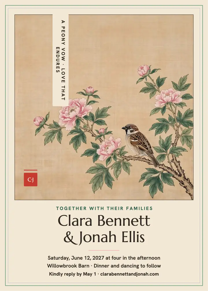 Peony sparrow wedding invitation template