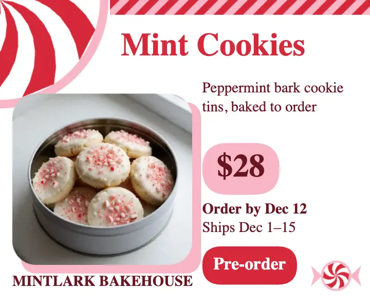 Mintlark Bakehouse peppermint cookie tin pre-order ad: cookie tin pre-order ad template