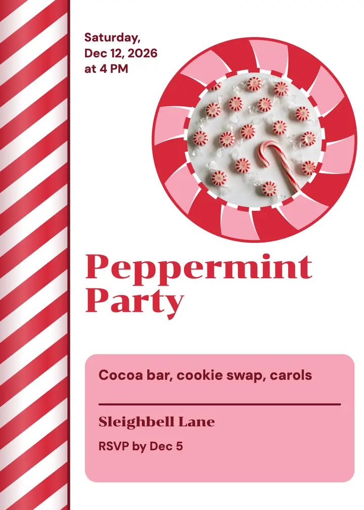 Peppermint party invitation, candy-cane swirls template