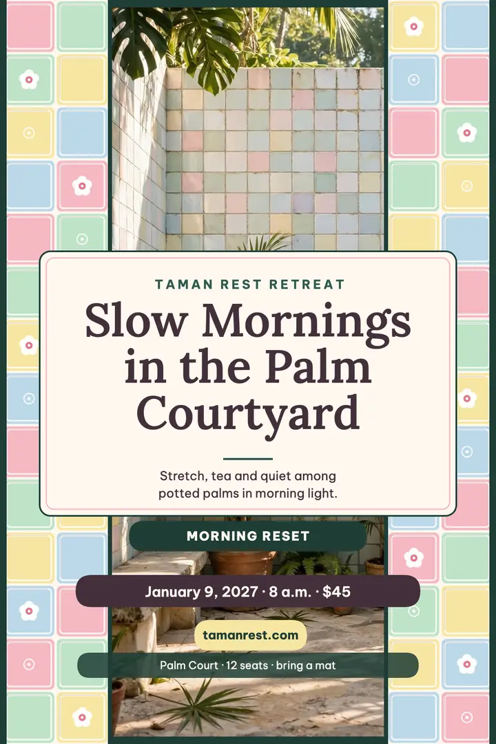 Taman Rest morning courtyard retreat poster template