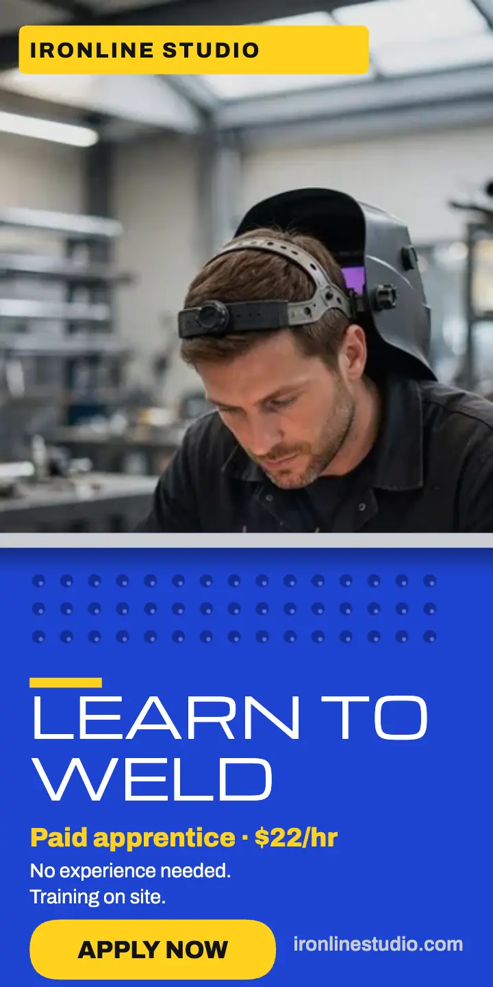 Ironline Studio welder apprentice half-page ad: workshop apprentice hiring ad template