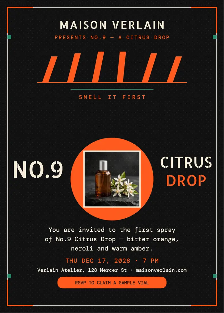 Maison Verlain No.9 citrus drop invite: perfume launch invitation template