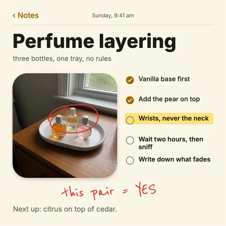 Perfume layering notes post, notes app chic template