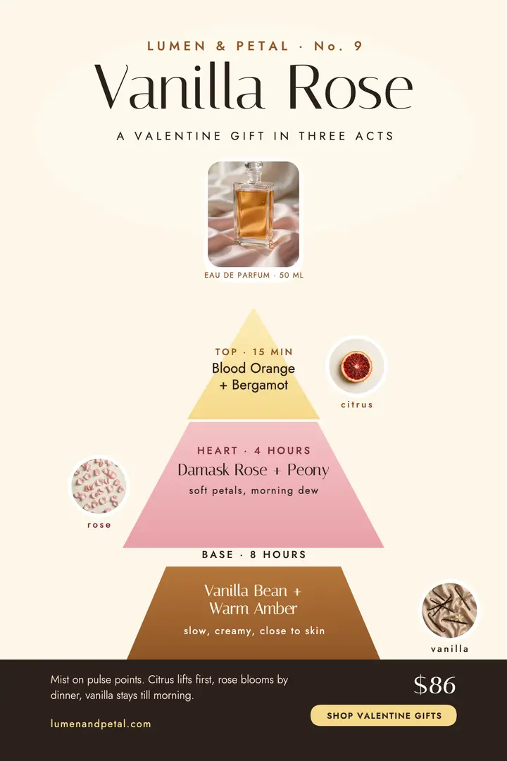 Lumen and Petal vanilla rose notes poster: perfume launch poster template