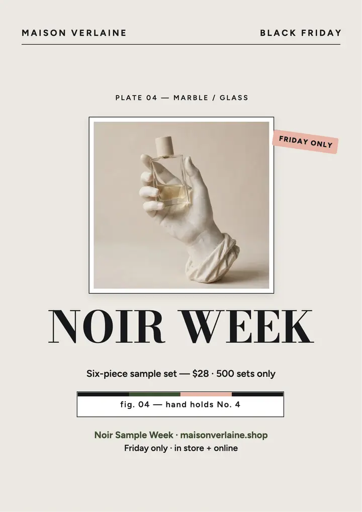 Maison Verlaine noir sample flyer: perfume sample flyer template
