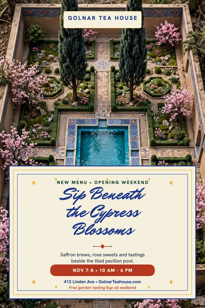 Golnar Persian garden tea house launch poster template