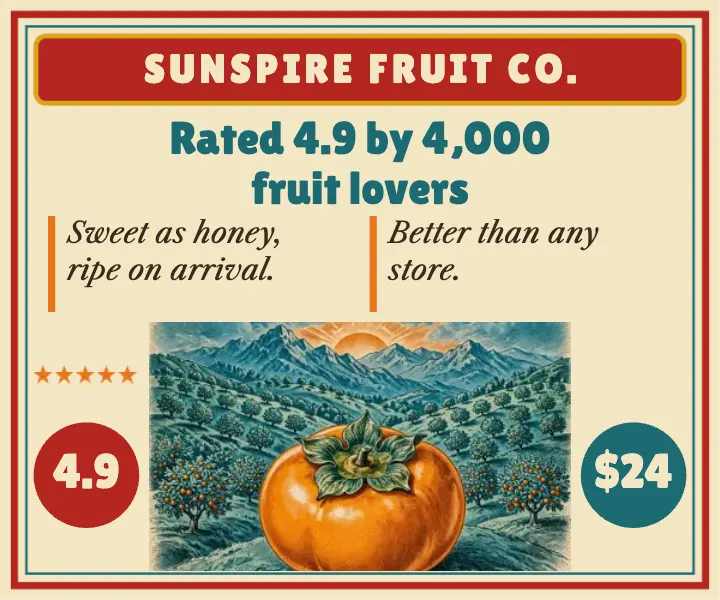 Persimmon box reviews display ad, fruit-crate label template