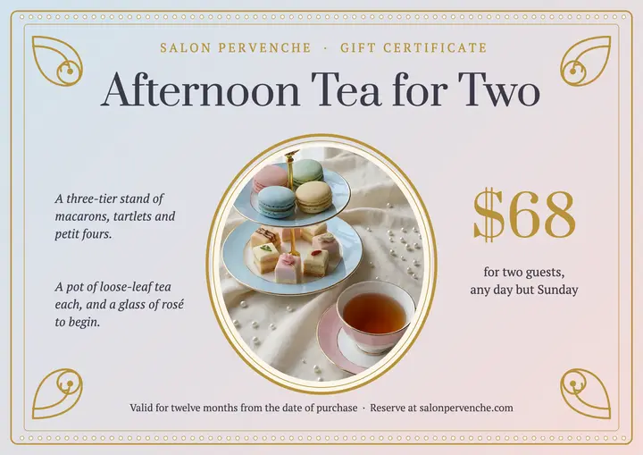 Salon Pervenche afternoon tea gift certificate, rococo romance template