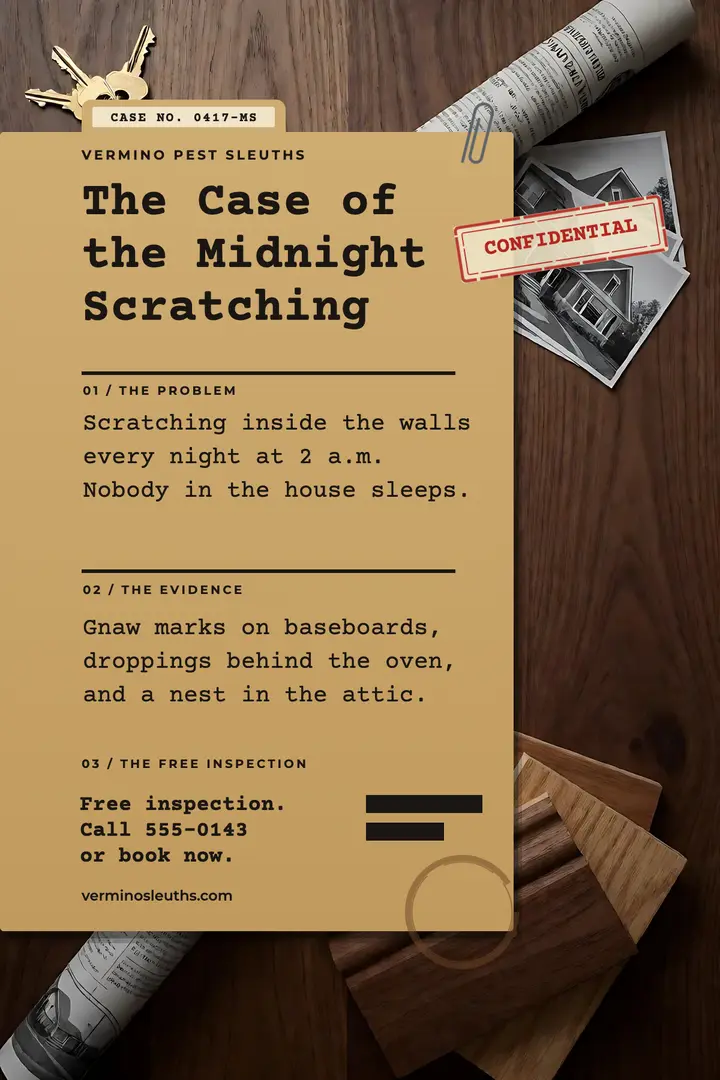 Vermino Pest Sleuths midnight scratching case file poster template