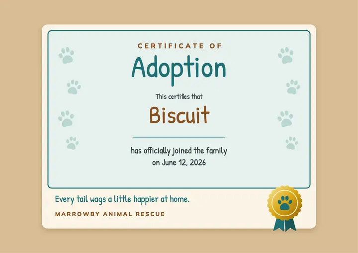 Pet adoption certificate template