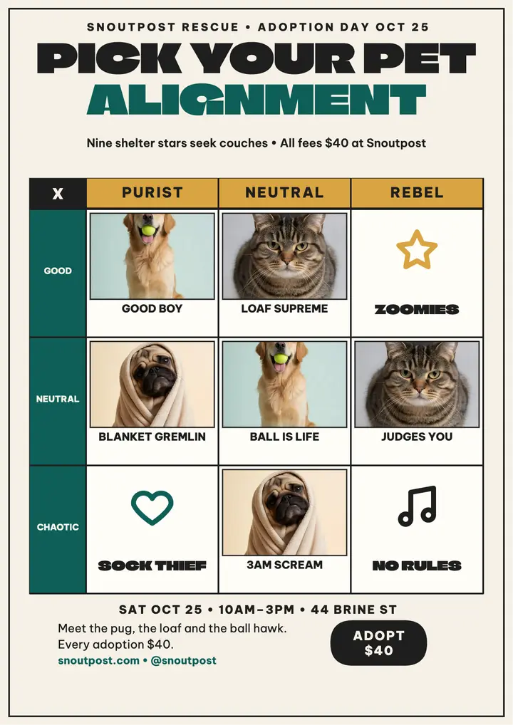 Snoutpost pet alignment chart flyer: pet adoption flyer template