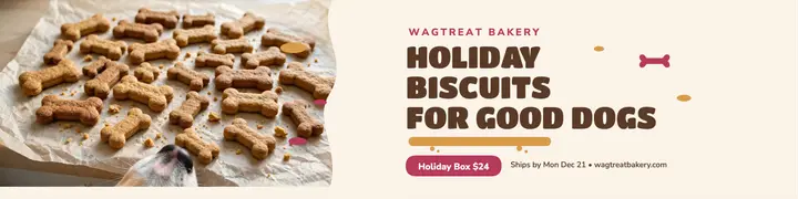 Wagtreat Bakery holiday biscuits banner: pet bakery banner template