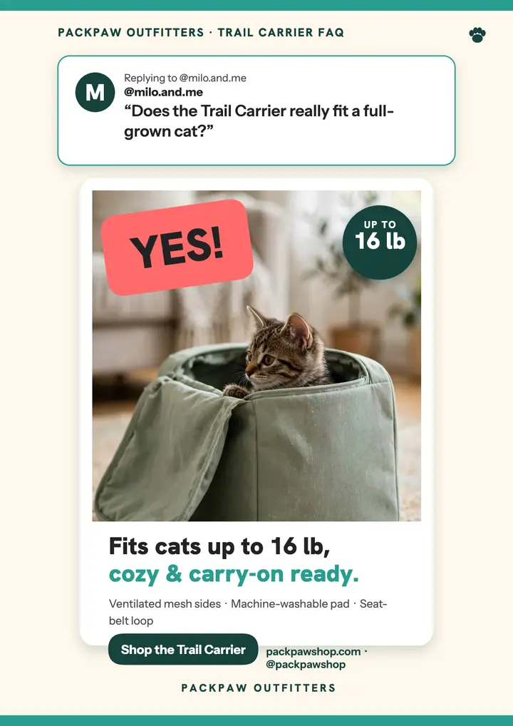Packpaw Trail Carrier FAQ comment flyer template