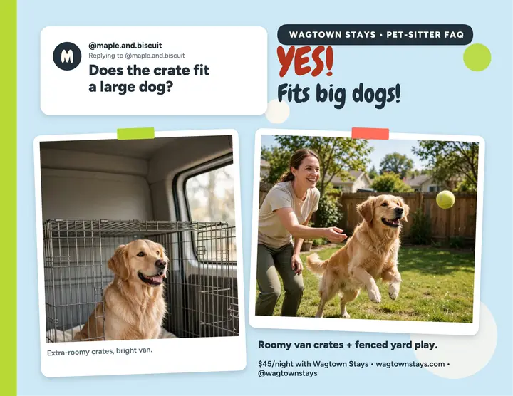 Wagtown Stays large-dog crate FAQ flyer: pet sitter faq flyer template