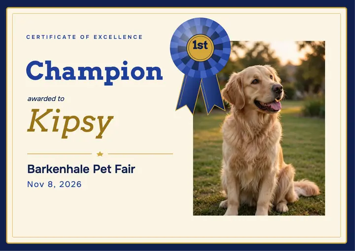 Kipsy pet fair champion certificate: pet show champion certificate template