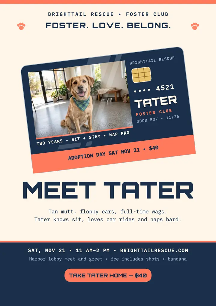 Tater foster card flyer, Brighttail Rescue template