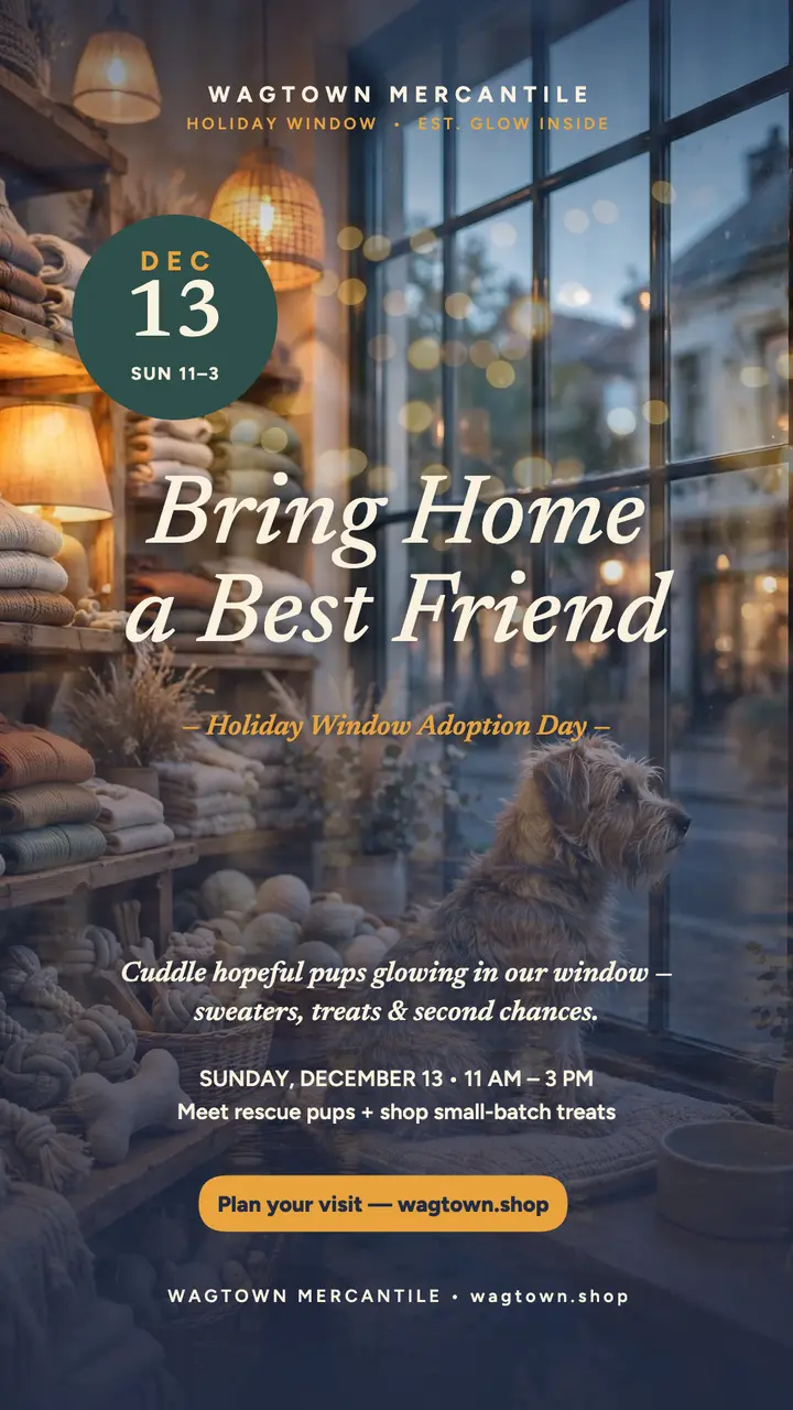 Wagtown holiday window adoption story: pet adoption story template