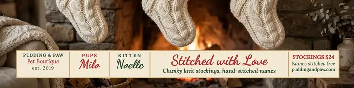 Pudding and Paw stitched stockings banner: pet stocking linkedin banner template