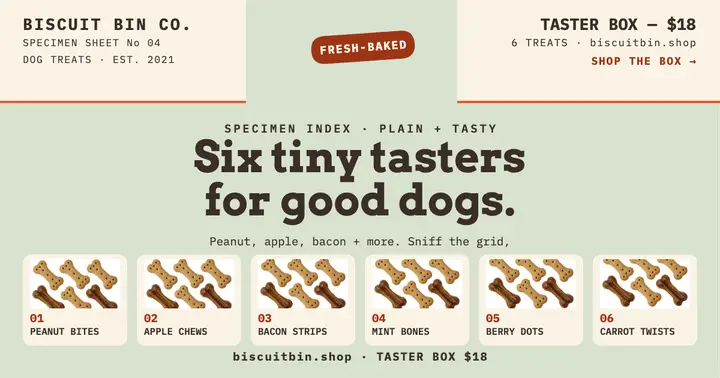 Biscuit Bin treat specimen post: dog treat post template