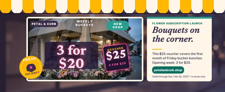 Petal and Curb launch voucher: gift voucher template