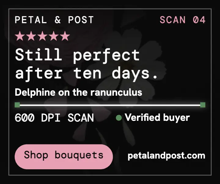 Petal and Post flower review scan ad: flower review ad template