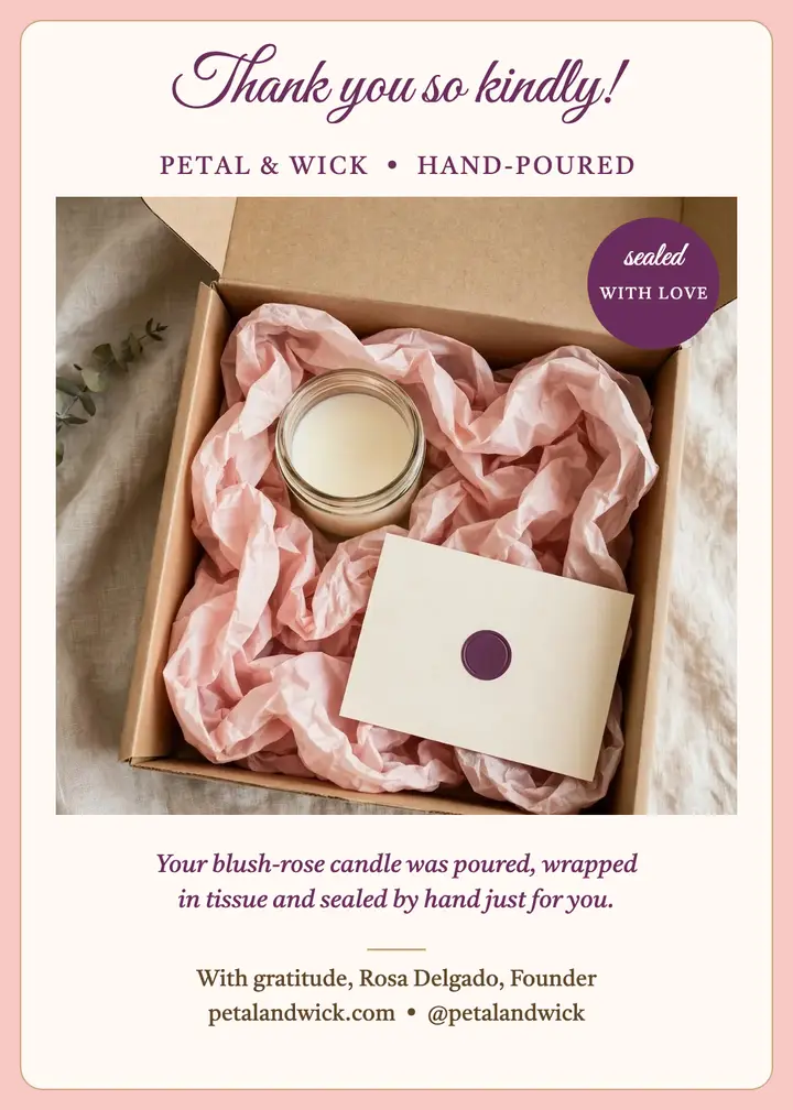 Petal and Wick thank you unboxing card template
