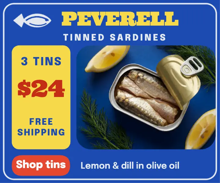 Tinned sardines display ad, cobalt tin label template