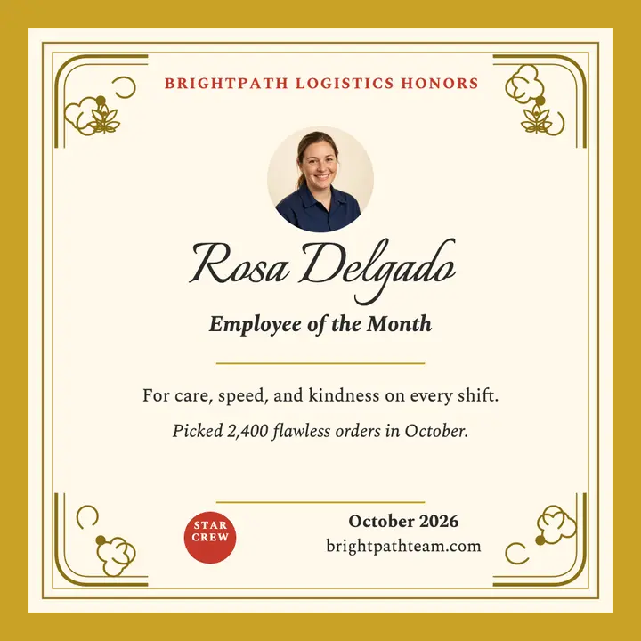 Brightpath Logistics employee award, Rosa Delgado template