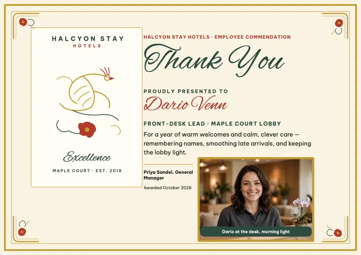 Hotel front-desk commendation, Dario Venn template