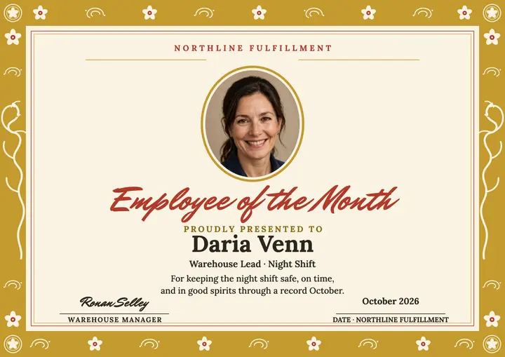 Daria Venn employee of month certificate template