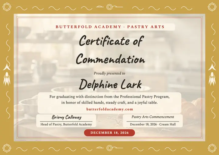 Butterfold pastry commendation certificate template