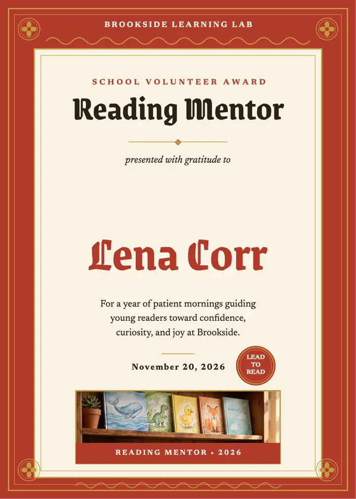 Reading mentor award certificate: volunteer award certificate template