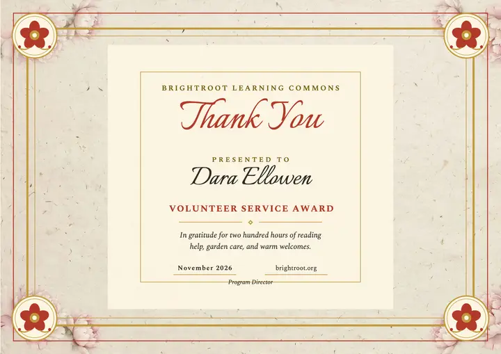 Brightroot volunteer certificate, gold peony template