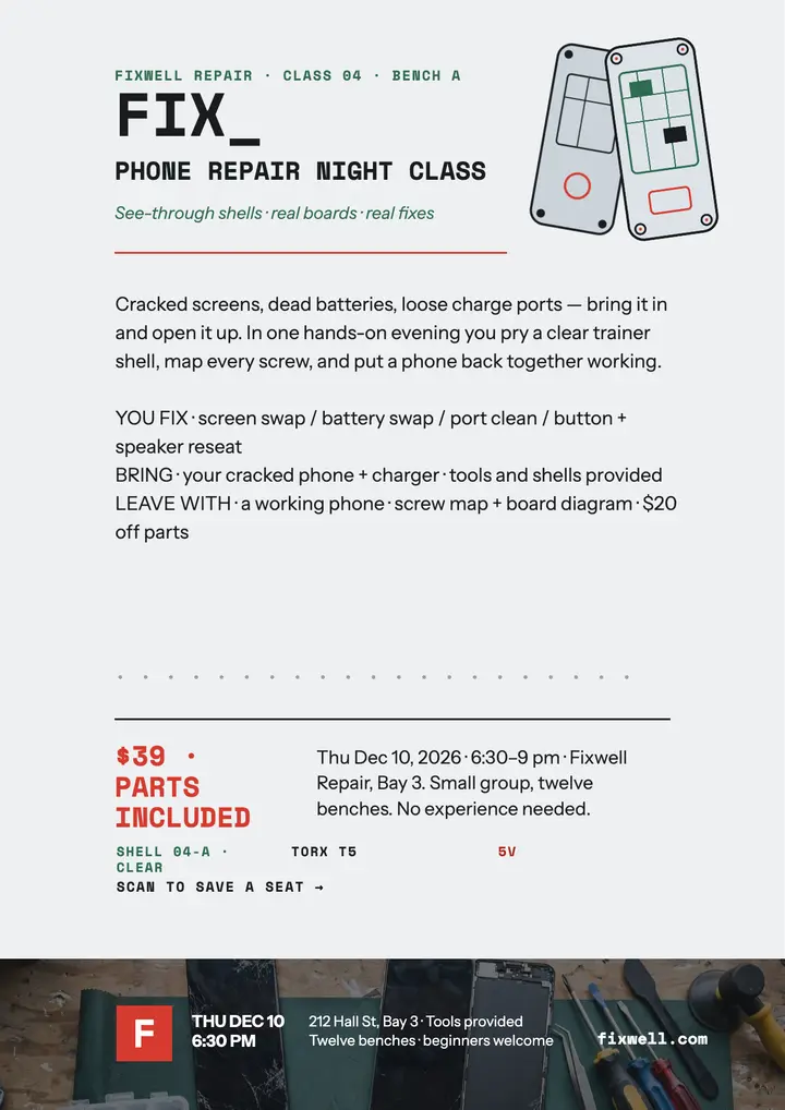 Fixwell phone repair night class flyer template
