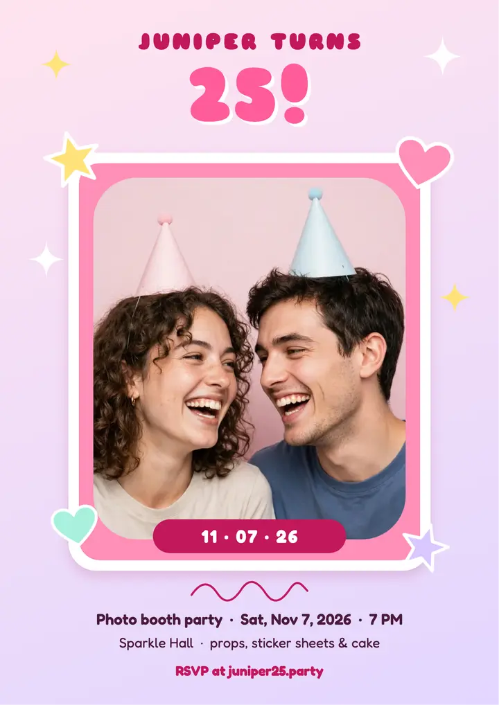 Juniper turns 25 photo booth party flyer template