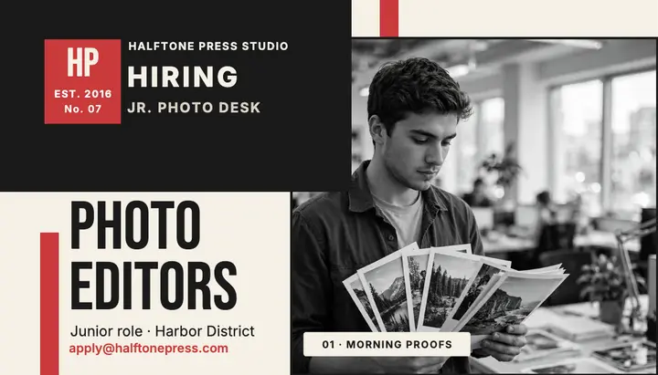 Halftone Press hiring card, photo desk template