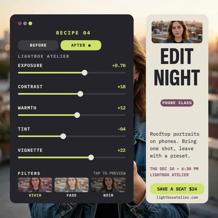 Lightbox photo edit night class post: photo editing class post template